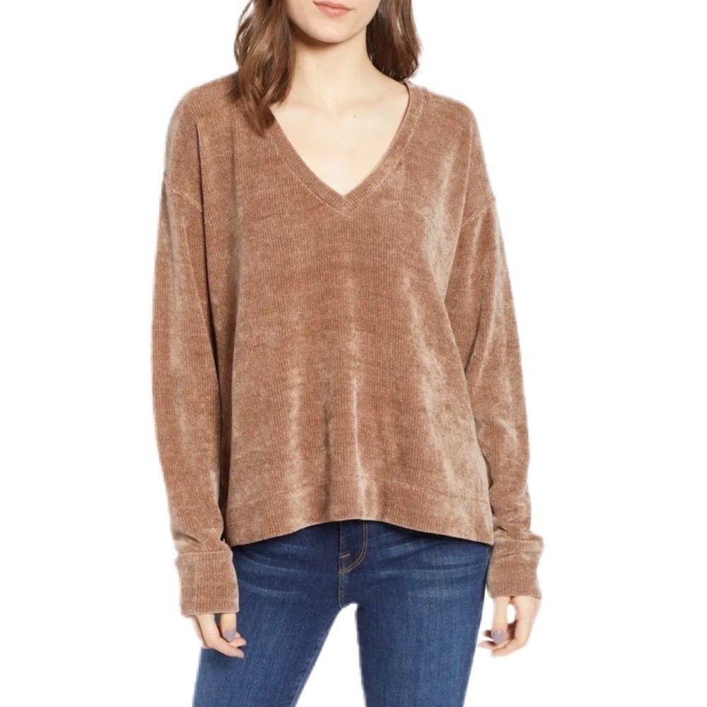 Socialite V-Neck Chenille Sweater in Brown